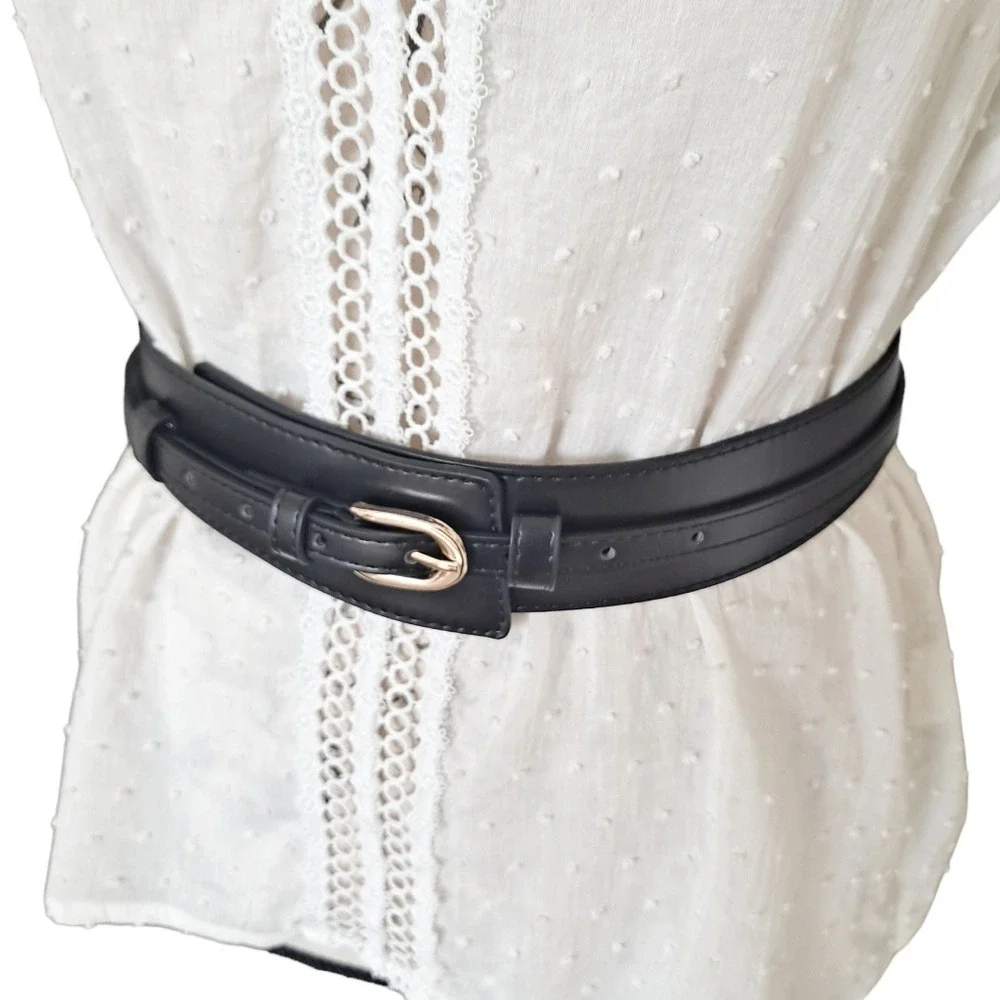 Skinny thick Black faux leather utility corset gold buckle dress wide waist belt